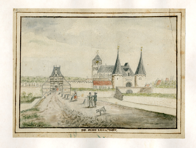 K000574 De oude Veenpoort, getekend door J. Schinkel 1805, op de achtergrond de Boven- of Sint Nicolaaskerk.