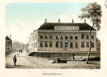 K000572 Infirmerie. Militair hospitaal aan de Vloeddijk op de hoek met de Kalverhekkenweg (c. 1840 en 1879). Gesigneerd ...