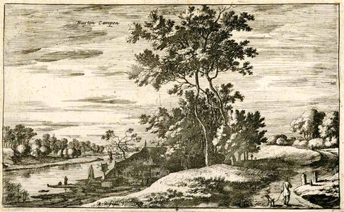 K000577 Buijten Campen, 17e eeuwse kopergravure van een landschap buiten de stadsmuren van Kampen, getekend en ...