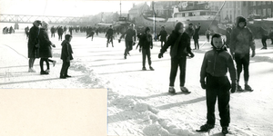 F002687 Kampenaren schaatsen langs de Rijnaken en kustvaarders op de bevroren IJssel in de strenge winter van 1963.