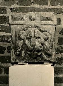 F003331 Zandstenen 16e eeuwse gevelsteen, leeuwenkop gevat in rechthoekige steen.