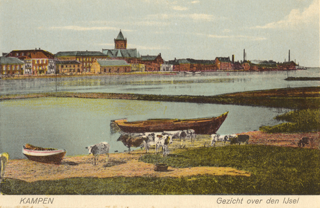 F000120 Gezicht stroomafwaarts op de stad Kampen, met onder andere de toren van de Buitenkerk.