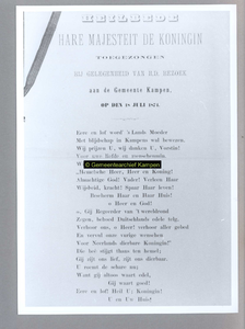 F005432 Heilbede, toegezongen aan koningin Sophie ter gelegenheid van haar bezoekaan Kampen op 18 juli 1874.