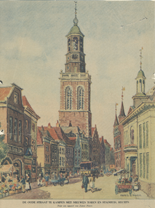 F013647 De Oudestraat te Kampen met nieuwen toren en stadhuis naar een aquarel van James Power.