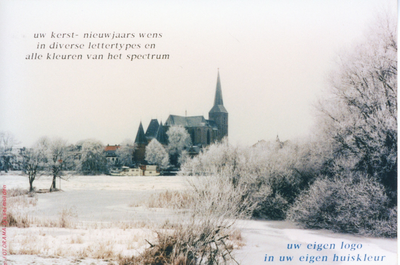 F016197 reclame nieuwjaarswens met een foto van het Kamper Stadsfront.