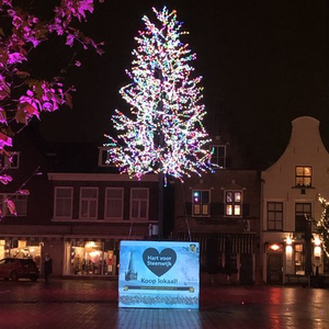 332 Levensboom op de Markt in Steenwijk, met daaronder het bord Hart voor Steenwijk. Koop lokaal! 
