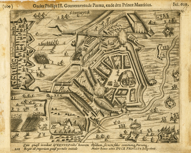 5 Steenwijk belegerd door Maurits en Willem Lodewijk 1592. Uitgave P.C. Bor, Ned. Oorlogen 1622 (spiegelbeeld), 1622