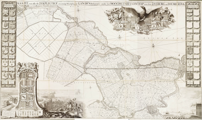  Kaart van de dijkplichtige en waalpligtige landen van het hoogheemraadschap Zeeburg en Diemerdijk. Met afbeelding van ...