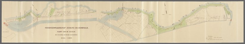  Kaart in kleur van de zeedijk vanaf de kanaalsluizen met daarbij behorende eigendommen van hoogheemraadschap Zeeburg ...