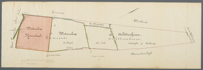  Kaartblad op papier met kleur van de grenzen van de waterschappen Roosendaal, Gagel, Zek en Achttienhoven, ca. 1903