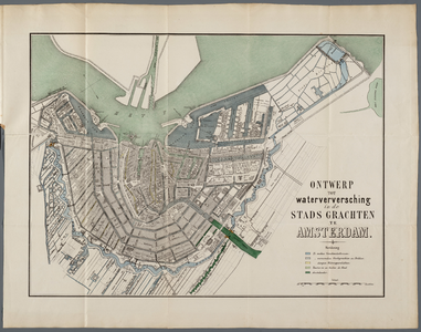  Kaart van het ontwerp tot waterverversing in de stadsgrachten van Amsterdam met te verversen en te dempen watergangen, 1867