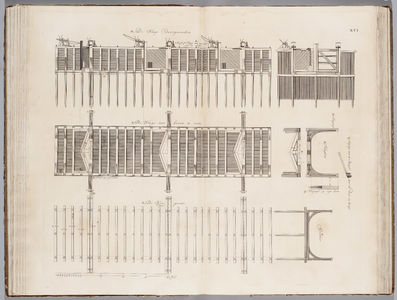  Tekening van de doorsnede van de houten schutsluis van de bovenzijde en van de heigrond, 1736