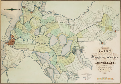  Ingekleurde kaart in passepartout van werkgebied van hoogheemraadschap Amstelland door G. Meijers., 1860
