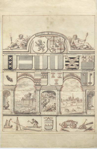  Schetstekening door Abraham de Lairesse van wapenbord van hoogheemraadschap Zeeburg Diemerdijk, 1725