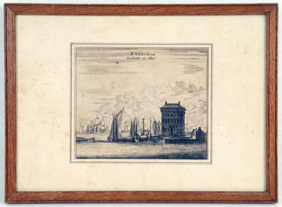  Gravure met titel 'Zeeburgh redoutte au mer' van versterkte plaats ter verdediging van Amsterdam aan de Zeeburgerdijk ...