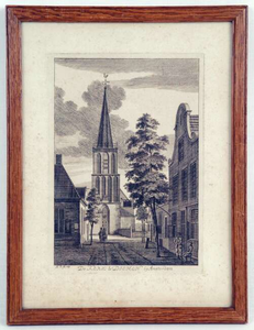  Gravure van kerktoren en belendende gebouwen met opschrift 'De kerk te Diemen bij Amsterdam. H.B.fe.', 1769