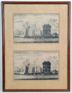  Twee bijna identieke kopergravures van voorzijde van de redoutte of het versterkte gebouw Zeeburg aan de Zeeburgerdijk ...