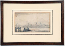  Tekening met handgeschreven opschrift Gesight van Seeborgh op Amsterdam met bootje op water, houten kade en 5 molens, ...