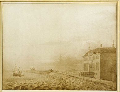  Prent met uiterst rechts het gemeenlandshuis, in het midden de stenen dijk en links een boot op het water, ca. 1737