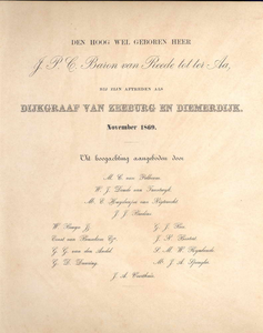 Titelblad met namen van de bestuursleden van het hoogheemraadschap Zeeburg en Diemerdijk, 1869