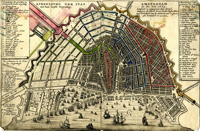  Kaart met kleuren van waterverversing in Amsterdam door Daniel Stalpaerd, 1665