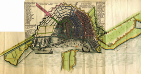  Kaart met kleuren van waterverversing in Amsterdam door Daniel Stalpaerd, 1665