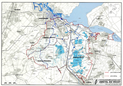  Kaart in kleur met grenzen van het hoogheemraadschap Amstel en Vecht, 1992