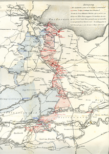  Fragment van kaart in kleur van werken van de Nieuwe Hollandsche waterlinie en die van de linie van 1672 in rode en ...