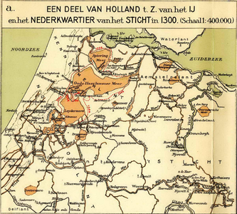  Kaart van deel van gebied van Holland ten zuiden van het IJ en het Nederkwartier van het Sticht in 1300 met een ...