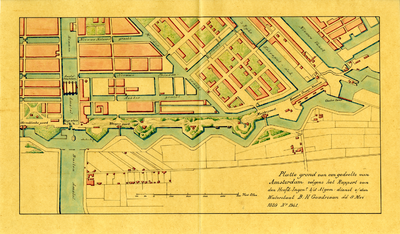  Tekening van een plattegrond in kleur van het gebied in Amsterdam rondom de vestingwerken aan de Singelgracht nabij de ...