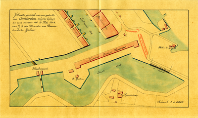  Tekening van een plattegrond in kleur van het gebied in Amsterdam bij de Muiderpoort, kazerne Oranje-Nassau, de ...