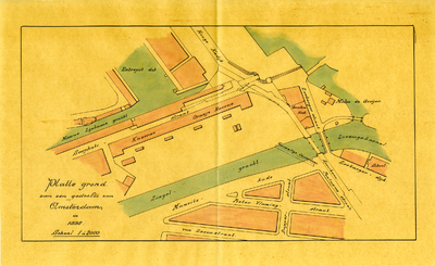  Tekening van een plattegrond in kleur van het gebied in Amsterdam bij de kazerne Oranje-Nassau, de voormalige ...