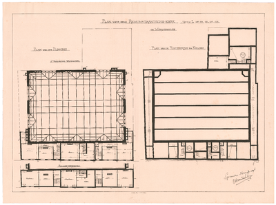 1209 Laan: Remonstrantse kerk - plan van de fundering en kelder en het plafond 2e verdieping woonhuizen en ...
