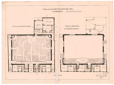 1210 Laan: Remonstrantse kerk - plan van de begane grond en galerijen en eerste verdieping woonhuizen ontwerp voor de ...