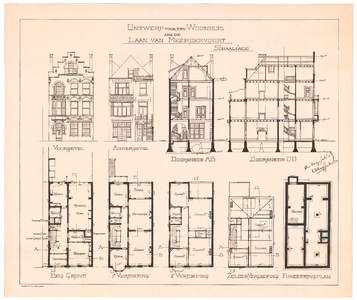 1229 Laan van Meerdervoort 1 S t/m Y: Woonhuis - gevels, doorsneden en plattegronden van een ontwerp voor een woonhuis. ...