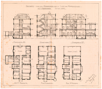 1236 Laan van Meerdervoort: Kookschool - doorsneden en plattegronden van het ontwerp. fotolitho G.J. Thieme, Arnhem., 1899