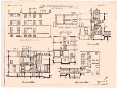 1534 Nassaulaan 23: voorgevel en doorsneden. plan voor verbouwing. blad nr. 2. litho fa. G.J. Thieme, Arnhem., 1904