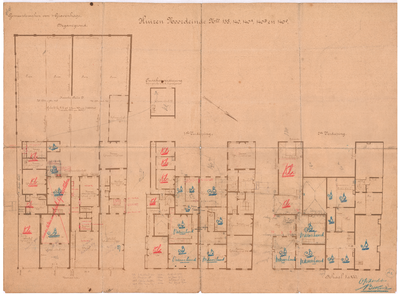 1672 Noordeinde 138-140c: plattegronden van etages en met tuin, 1890-1920