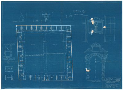 1721 Paviljoensgracht 51 - 225: Heilige Geesthofje - voorgevel, plattegrond, ingangspoort, situatie en details, 1935