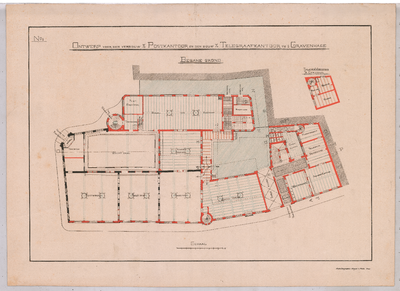 1802 Prinsestraat: Post- en Telegraafkantoor - plattegrond begane grond. ontwerp voor de verbouw. fotolitho Wegner & ...