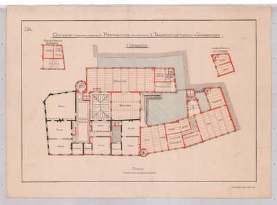 1803 Prinsestraat: Post- en Telegraafkantoor - plattegrond eerste verdieping. ontwerp voor de verbouw. fotolitho Wegner ...