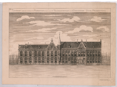 1804 Prinsestraat: Post- en Telegraafkantoor - voorgevel. ontwerp voor de verbouw. fotolitho Wegner & Mottu, Amsterdam. ...