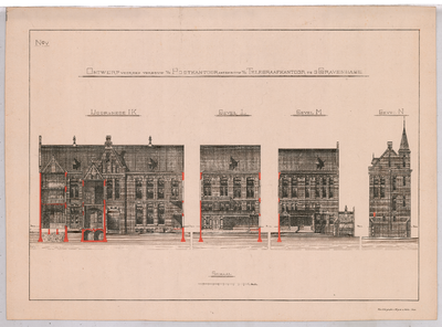 1806 Prinsestraat: Post- en Telegraafkantoor - gevels en doorsnede. ontwerp voor de verbouw. fotolitho Wegner & Mottu, ...