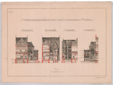 1807 Prinsestraat: Post- en Telegraafkantoor - doorsneden. ontwerp voor de verbouw. fotolitho Wegner & Mottu, ...
