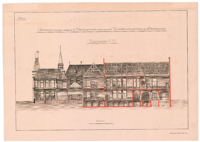 1808 Prinsestraat: Post- en Telegraafkantoor - doorsnede met fundering. ontwerp voor de verbouw. fotolitho Wegner & ...