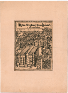1845 Bleijenburg: Rijks Centraal Archiefgebouw van het Rijksarchief - gevels in perspectief vogelvlucht uit het ...