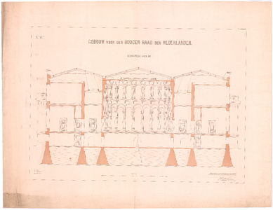 1863 Plein 2: De Hoge Raad der Nederlanden - doorsnede over a - b. met funderingen. bestek nr. 20, dd 1860. tekening ...