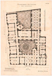 1876 Plein: Departement van Justitie - plattegrond begane grond met binnenplaatsen. plaat 11. uit: bouwkundig ...