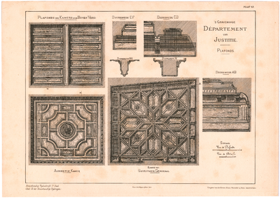 1878 Plein: Departement van Justitie - details van plafonds. plaat 7. uit: bouwkundig tijdschrift 7e deel. litho door ...