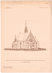 1936 Regentesseplein: Regentessekerk - voorgevel in perspectief. plaat 10. uit: bouwk. tijdschrift 14e deel. litho ...